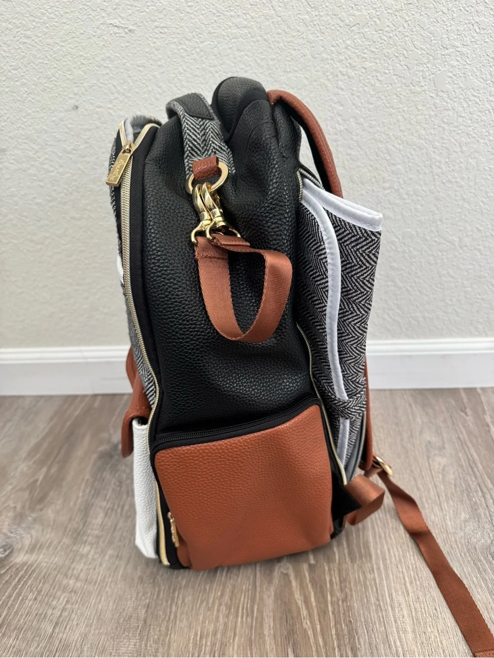 Itzy Ritzy Black White Brown Herringbone Diaper Backpack Set